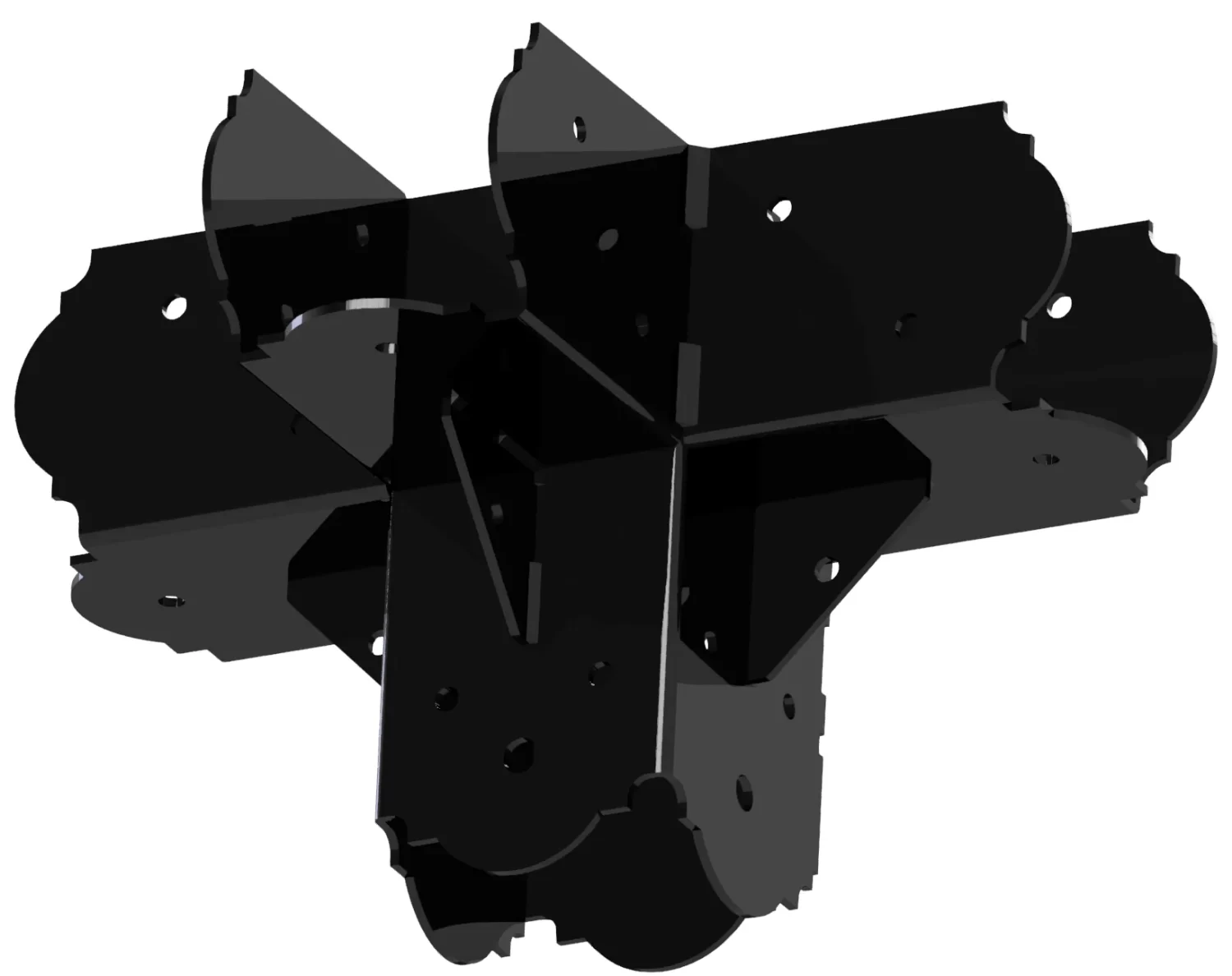 4C3L-2 The DIY 4x4 4-way 90 deg Elbow Bracket features multiple connection slots and rounded edges, ideal for joining wooden beams at right angles in construction or woodworking.