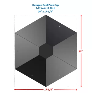 Illustration of a black hexagon roof peak cap with six segments, labeled Hexagon Roof Peak Cap 5-12 to 6-12 Pitch, 20” x 17-1/4”. Red arrows mark dimensions: 20 inches tall, 17-1/4 inches wide. Four corner screw holes are visible.