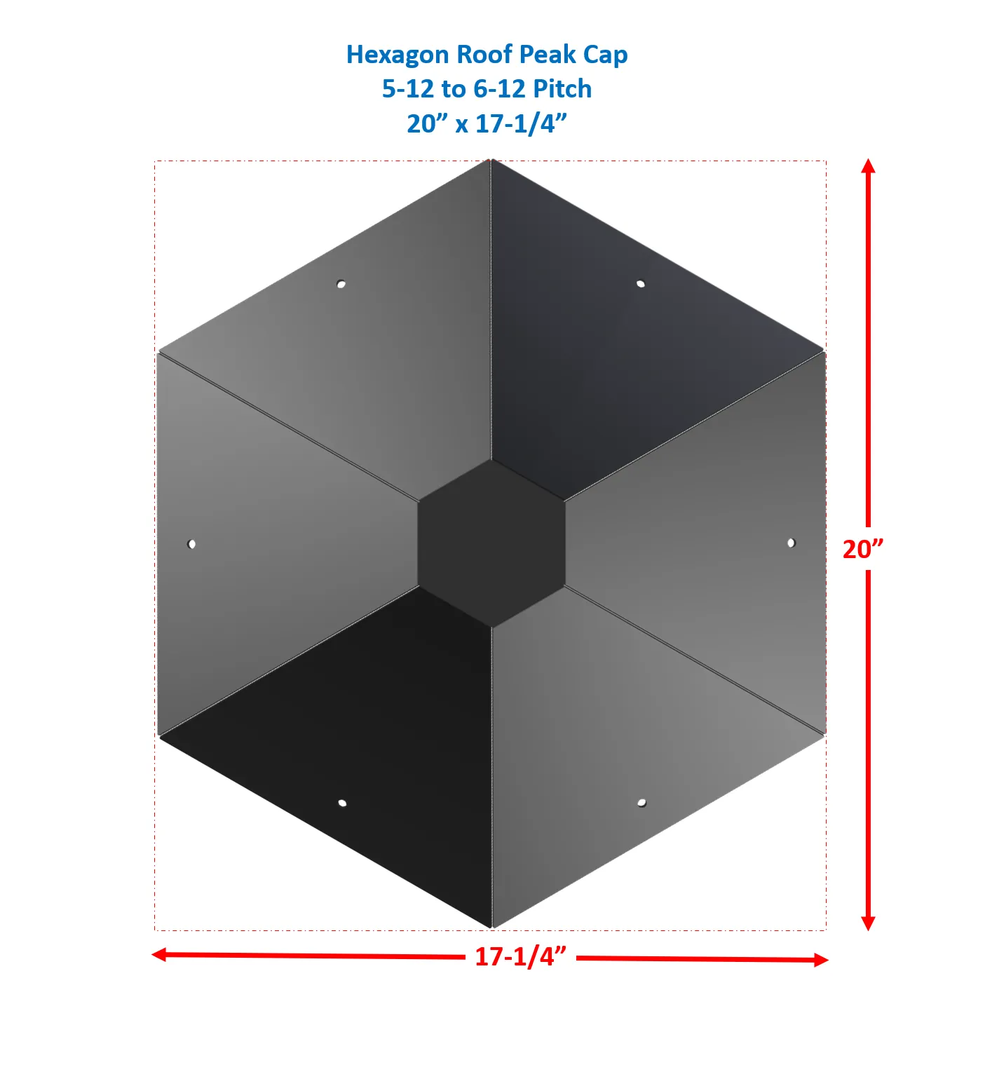 Illustration of a black hexagon roof peak cap with six segments, labeled Hexagon Roof Peak Cap 5-12 to 6-12 Pitch, 20” x 17-1/4”. Red arrows mark dimensions: 20 inches tall, 17-1/4 inches wide. Four corner screw holes are visible.