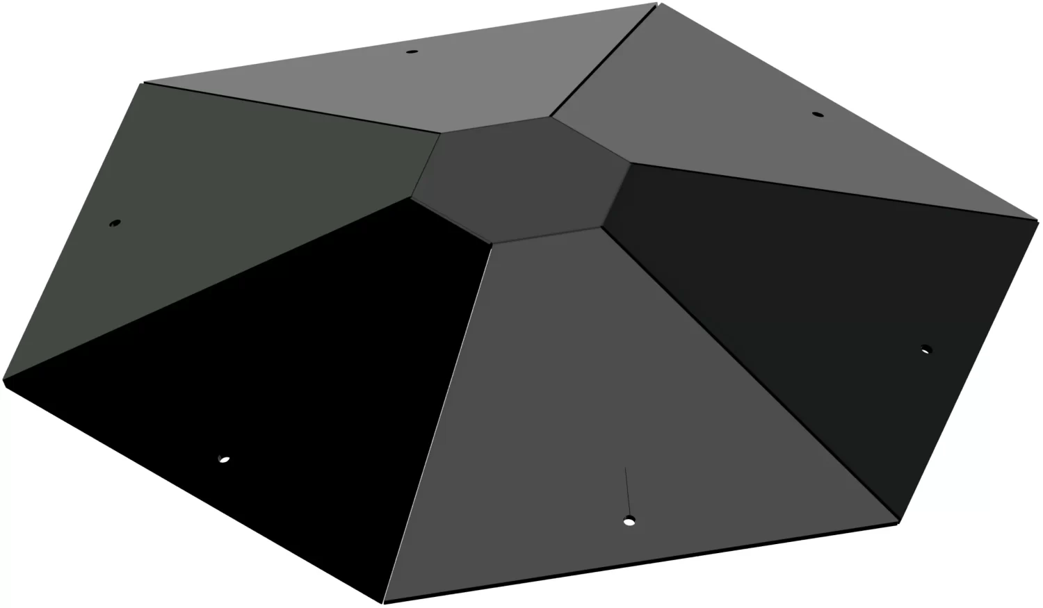 H-RPC-2 A 3D-rendered image of a black dodecahedron, a twelve-faced pentagonal geometric shape, subtly shaded to emphasize its edges—crafted with precision akin to the Hexagon Roof Peak Cap.