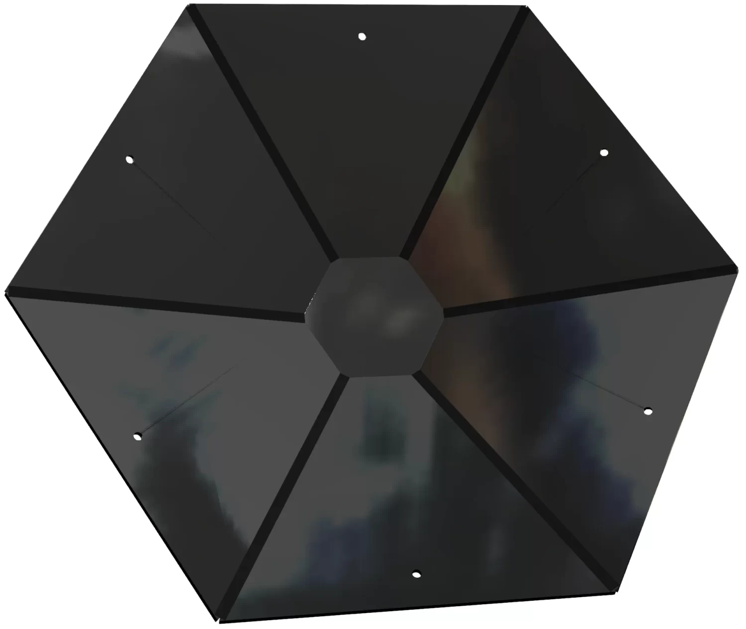 H-RPC-3 A glossy, black Hexagon Roof Peak Cap with a raised center and six small holes—one at each corner and one at the center of each side. Its metal surface is slightly reflective, similar in function to an Octagon Roof Peak Cap.