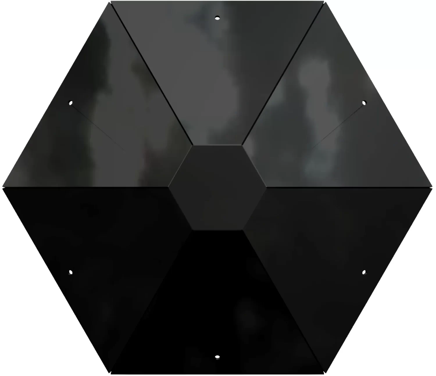 H-RPC-4 The Hexagon Roof Peak Cap is black, glossy, and hexagonal, featuring a central hexagon with six triangular segments, each with a small hole near its edge. It is shown against a white background.