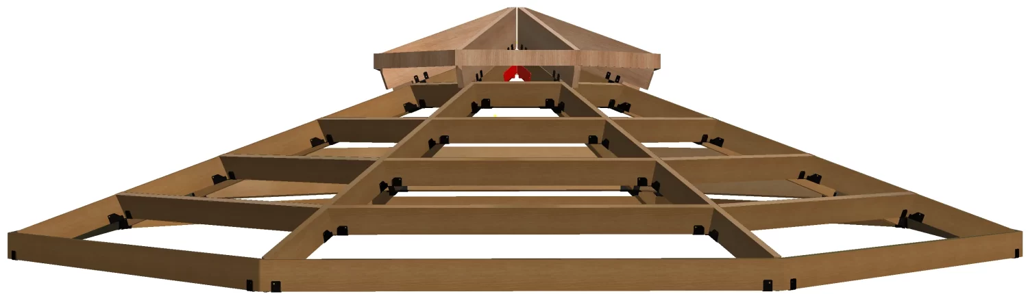 3D rendering of the Octagon Gazebo 2nd Tier Roof Rafter Tie Brackets Kit viewed from below, displaying intersecting beams and supports forming a triangular peak with a small red section near the center.