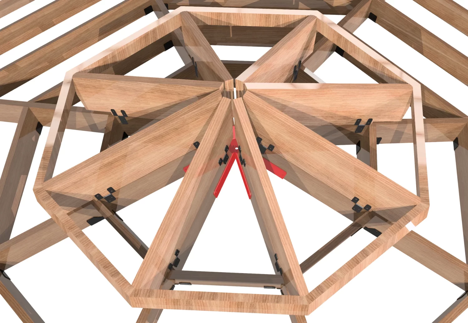 An overhead view of the Octagon Gazebo 2nd Tier Roof Rafter Tie Brackets Kit, featuring interlocking triangular wooden panels arranged in a circular pattern and joined with metal brackets.
