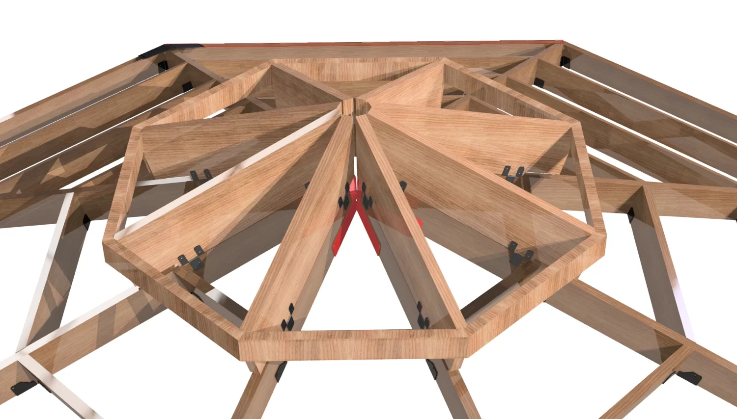 3D rendering of the Octagon Gazebo 2nd Tier Roof Rafter Tie Brackets Kit, showing interlocking wooden beams forming a central hub with triangular supports radiating outward, connected at the joints by metal brackets.