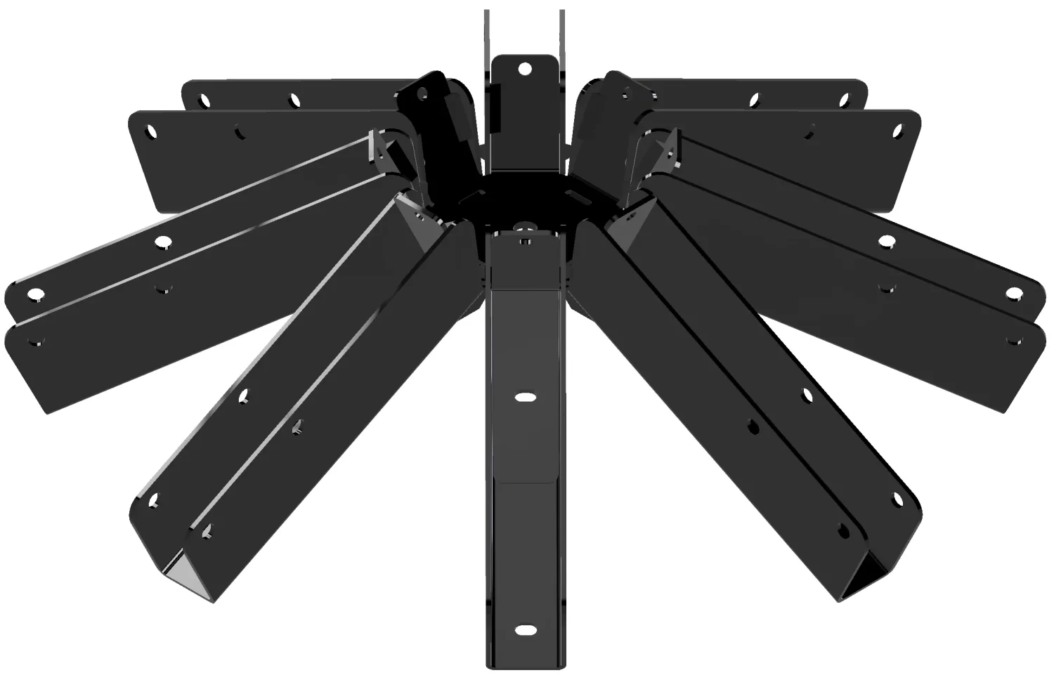 The DIY Heavy Duty Iron Octagon Spider Bracket (Copy) is a black metal bracket with multiple arms extending outward in a circular pattern, each arm featuring several holes for mounting, shown against a white background to highlight its design.