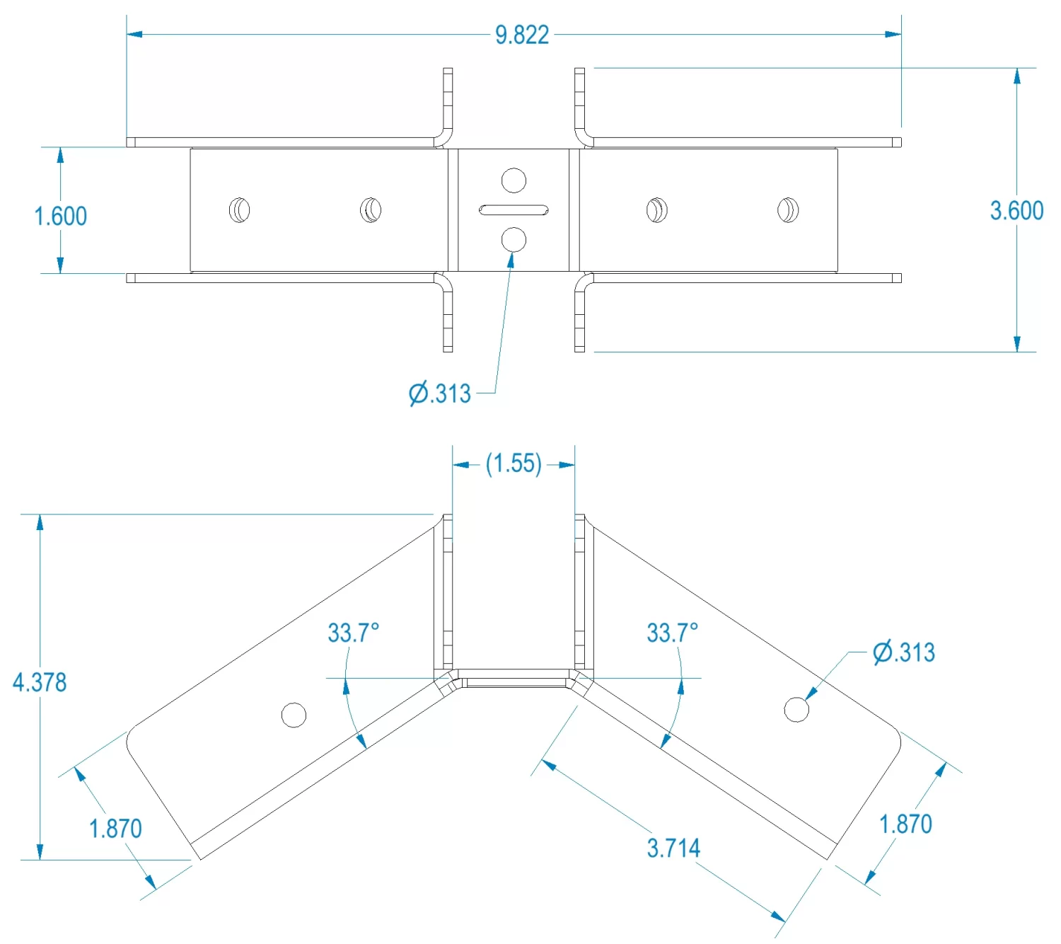 812-RRT-1 Technical drawing of the 8-12 DIY Heavy Duty Ridge Rafter Bracket with two orthogonal views, multiple inch dimensions, hole diameters (Ă˜ 0.313), overall lengths, and a labeled 33.7° bend.