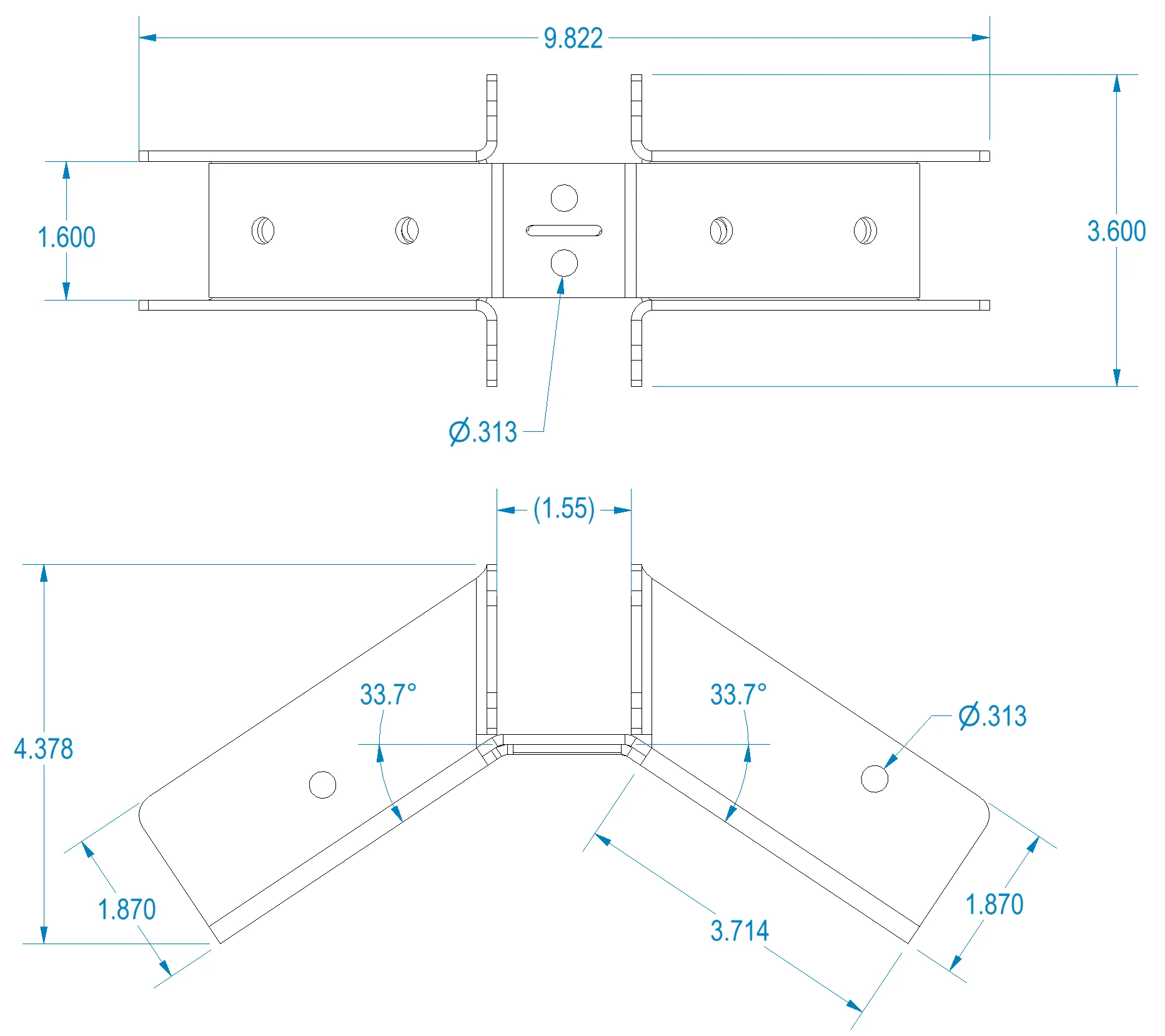 812-RRT-1 Technical drawing of the 8-12 DIY Heavy Duty Ridge Rafter Bracket with two orthogonal views, multiple inch dimensions, hole diameters (Ă˜ 0.313), overall lengths, and a labeled 33.7° bend.