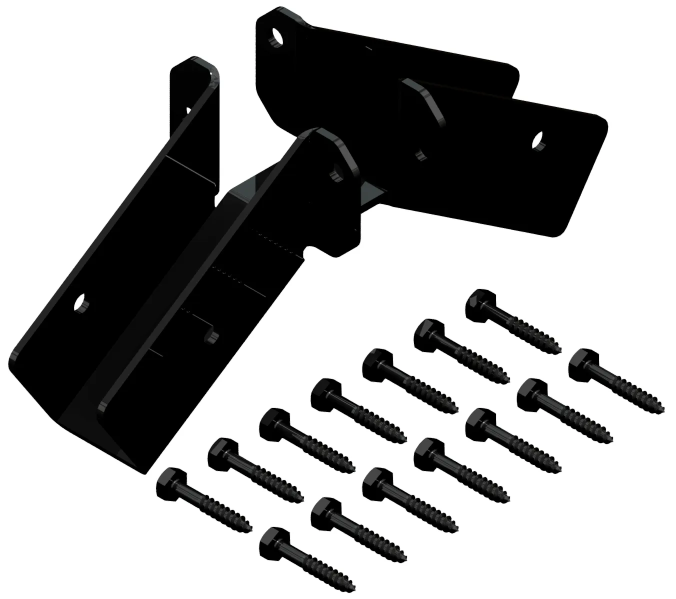 812-RRT-10 The 8-12 DIY Heavy Duty Ridge Rafter Bracket, made of black metal with mounting holes, is displayed with ten black screws on a white background. Perfect for secure and stylish pergola rafter installations.