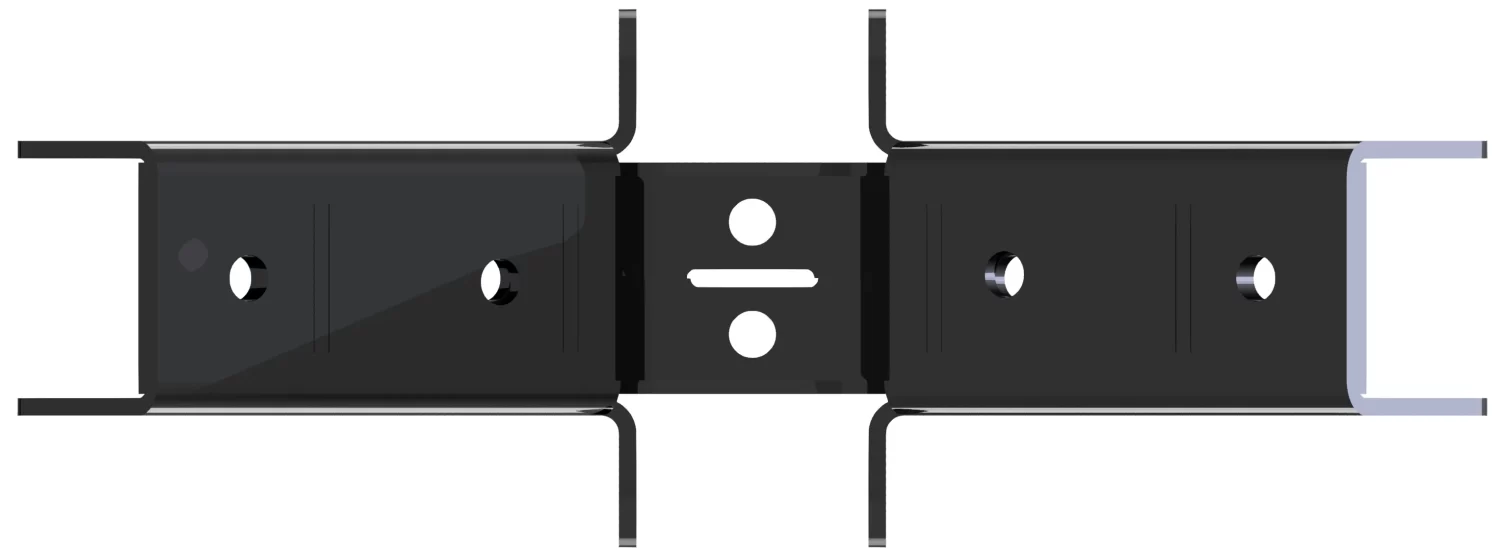 812-RRT-4 The 8-12 DIY Heavy Duty Ridge Rafter Bracket is a black rectangular metal bracket with four vertical flanges, two central circular holes, and a U-shaped silver end on the right side, displayed against a white background.