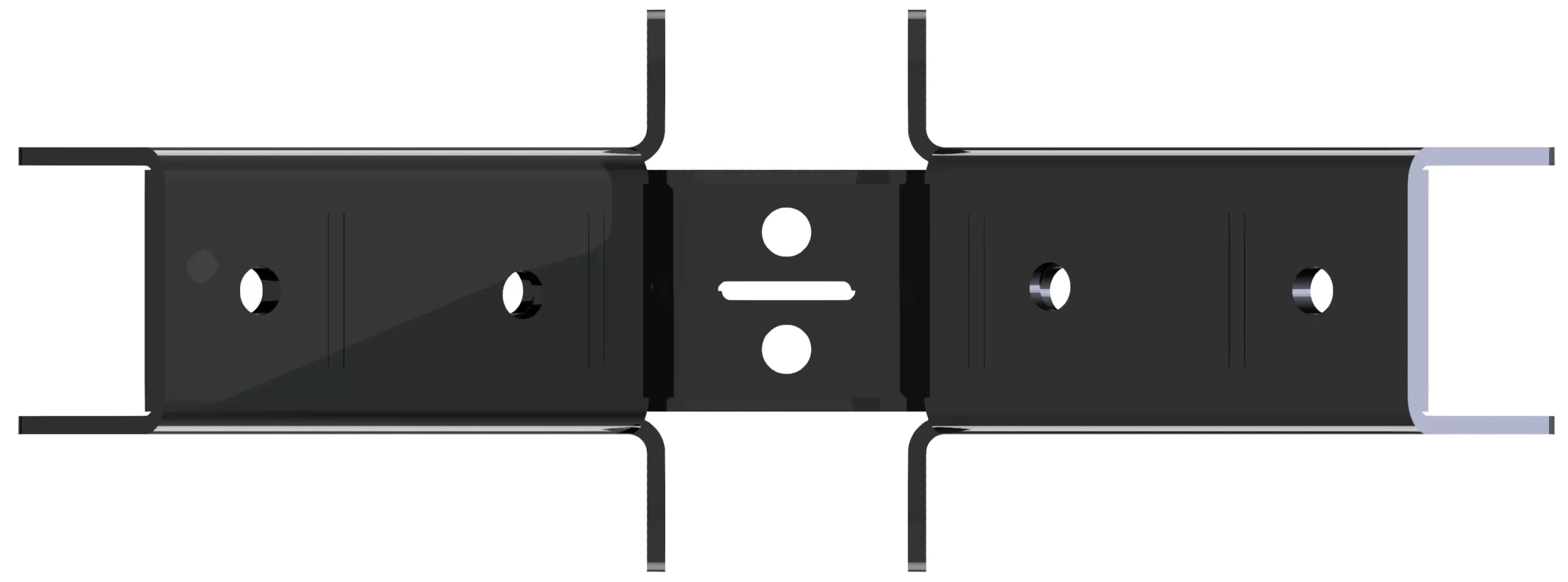 812-RRT-4 The 8-12 DIY Heavy Duty Ridge Rafter Bracket is a black rectangular metal bracket with four vertical flanges, two central circular holes, and a U-shaped silver end on the right side, displayed against a white background.