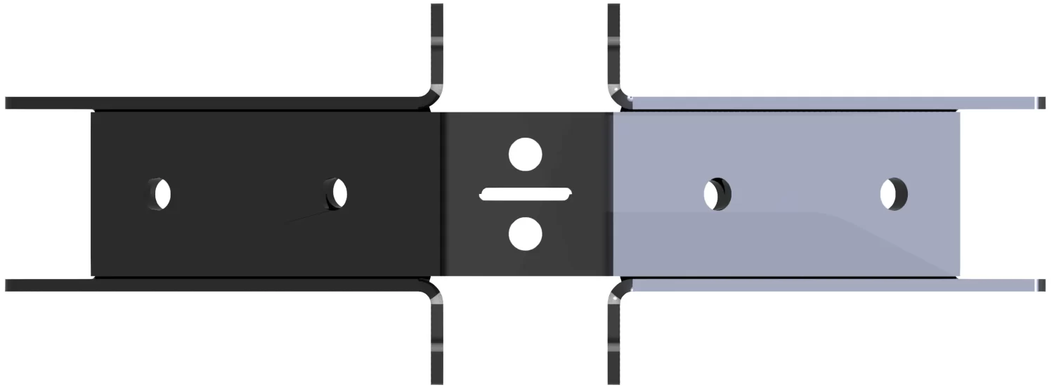 812-RRT-5 A diagram of the 8-12 DIY Heavy Duty Ridge Rafter Bracket shows black and gray metal brackets joined by a central plate with three holes and a division symbol, aligned horizontally to illustrate rafter setup.