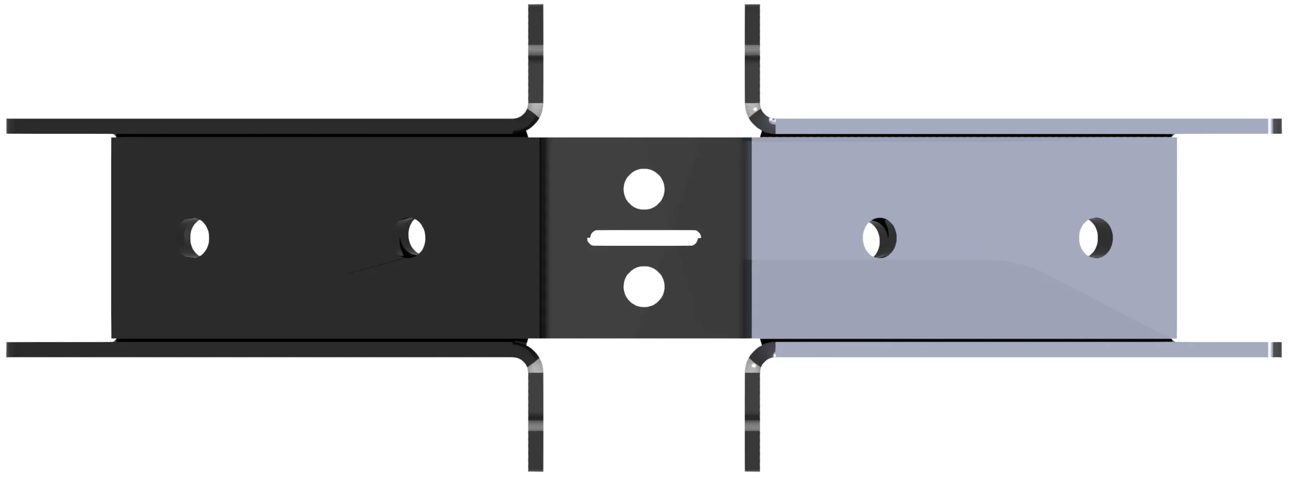 812-RRT-5 A diagram of the 8-12 DIY Heavy Duty Ridge Rafter Bracket shows black and gray metal brackets joined by a central plate with three holes and a division symbol, aligned horizontally to illustrate rafter setup.