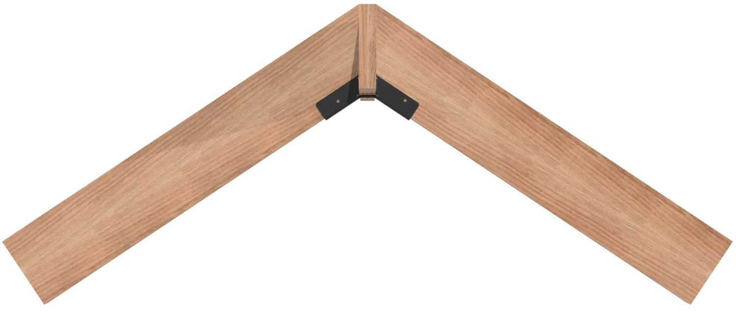 812-RRT-7 Two light wood planks join at a right angle with an 8-12 DIY Heavy Duty Ridge Rafter Bracket in black metal, forming a V shape against a white background.