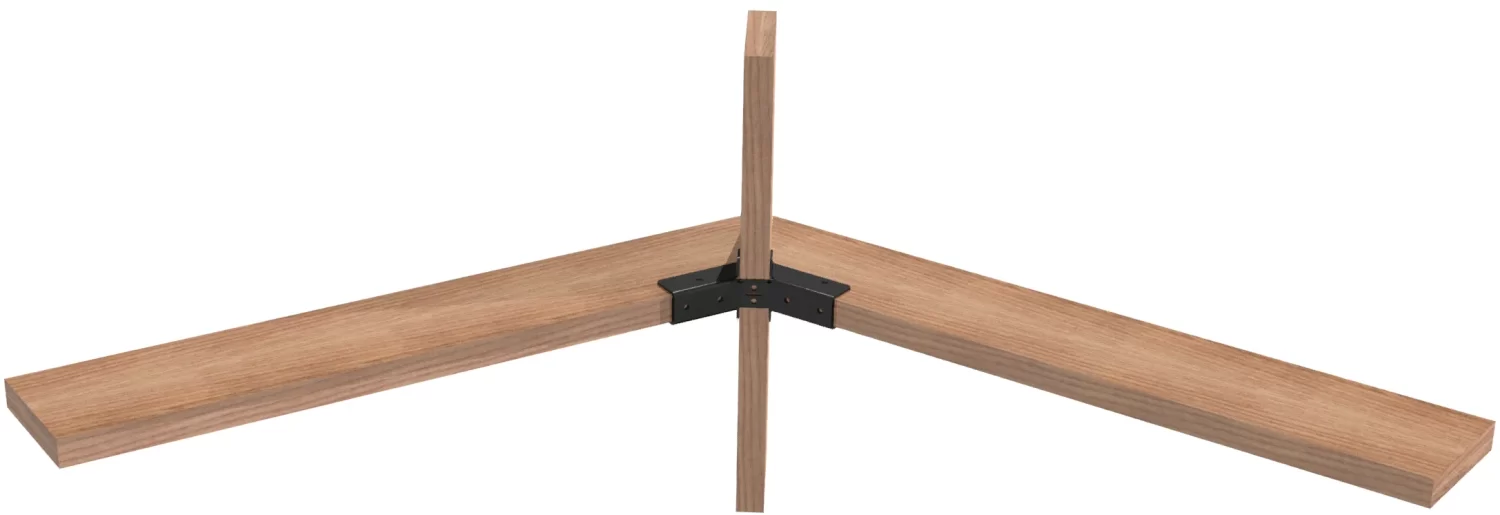 812-RRT-8 The 8-12 DIY Heavy Duty Ridge Rafter Bracket securely joins three wooden beams at right angles, forming a corner with two horizontal beams meeting and a vertical beam attached at the inner junction.