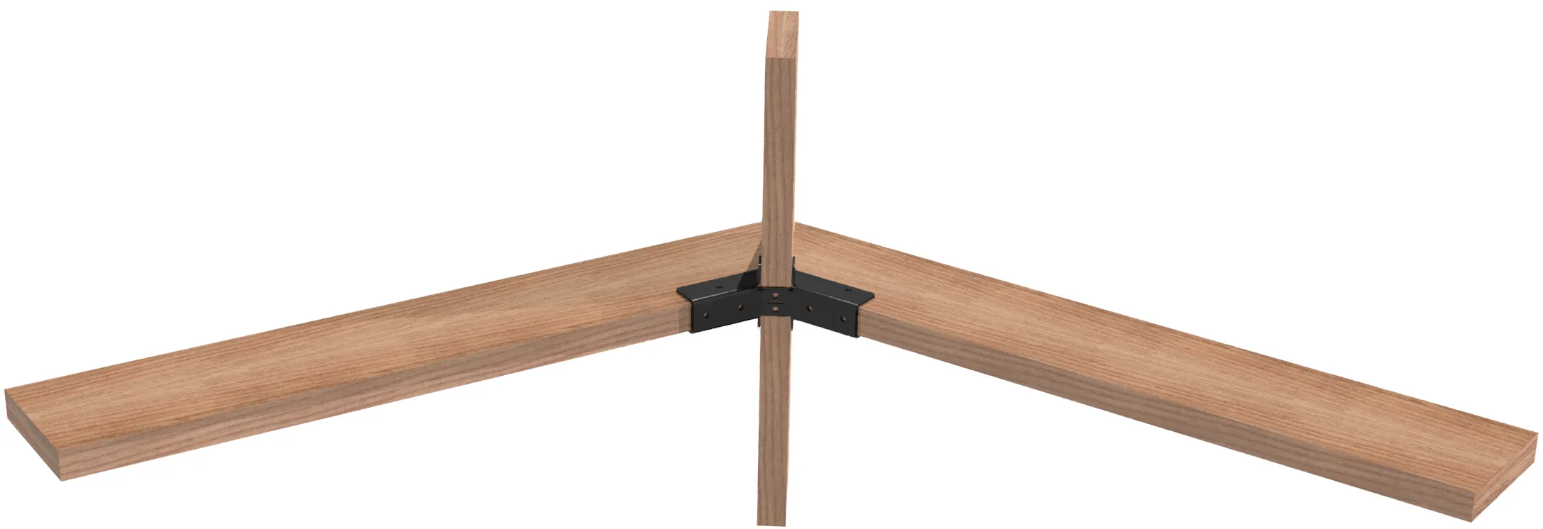 812-RRT-8 The 8-12 DIY Heavy Duty Ridge Rafter Bracket securely joins three wooden beams at right angles, forming a corner with two horizontal beams meeting and a vertical beam attached at the inner junction.