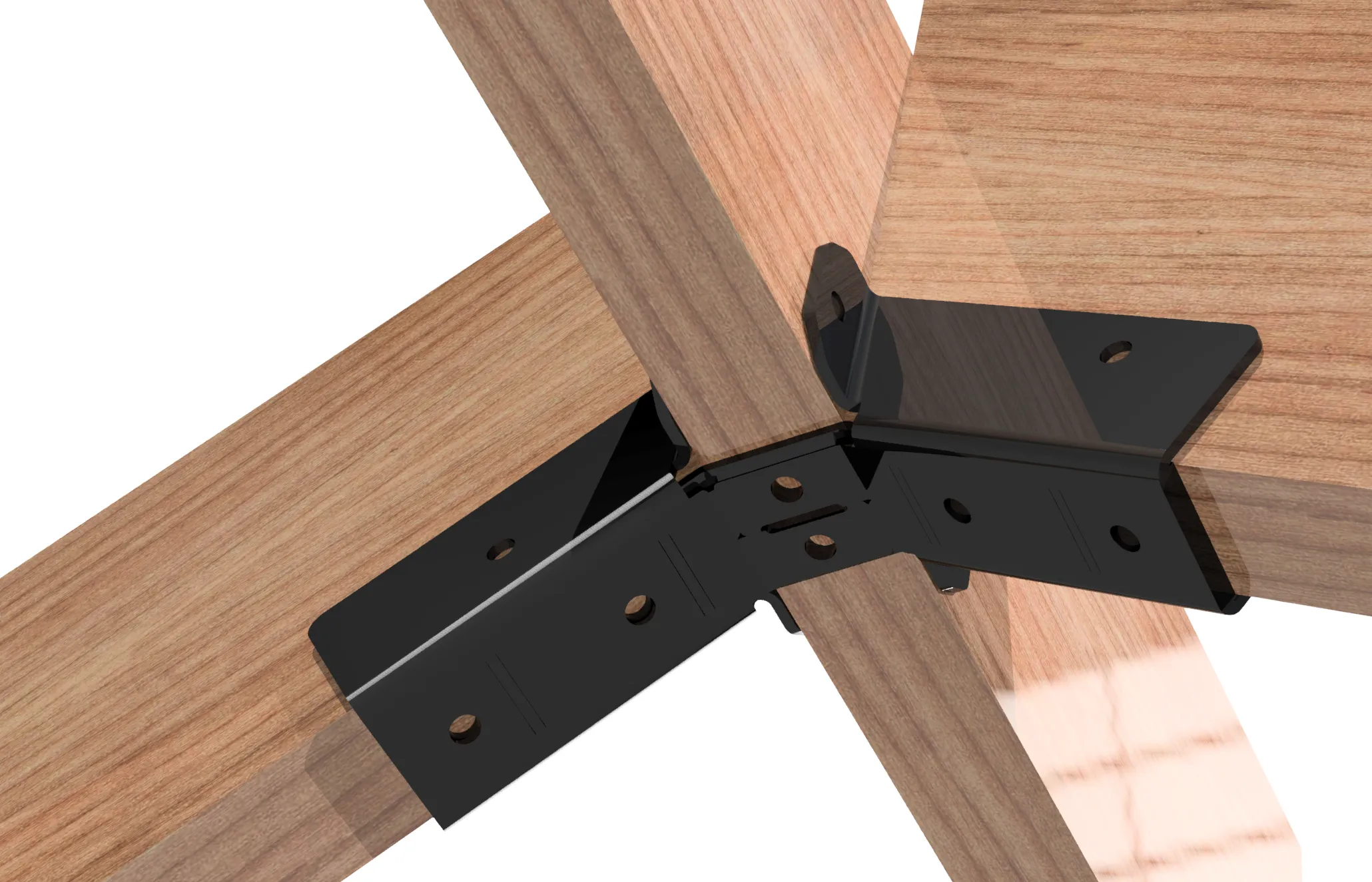 812-RRT-9 A close-up view of three wooden beams joined at a joint with the 8-12 DIY Heavy Duty Ridge Rafter Bracket, featuring multiple screw holes and the intersecting angles of the wood pieces.