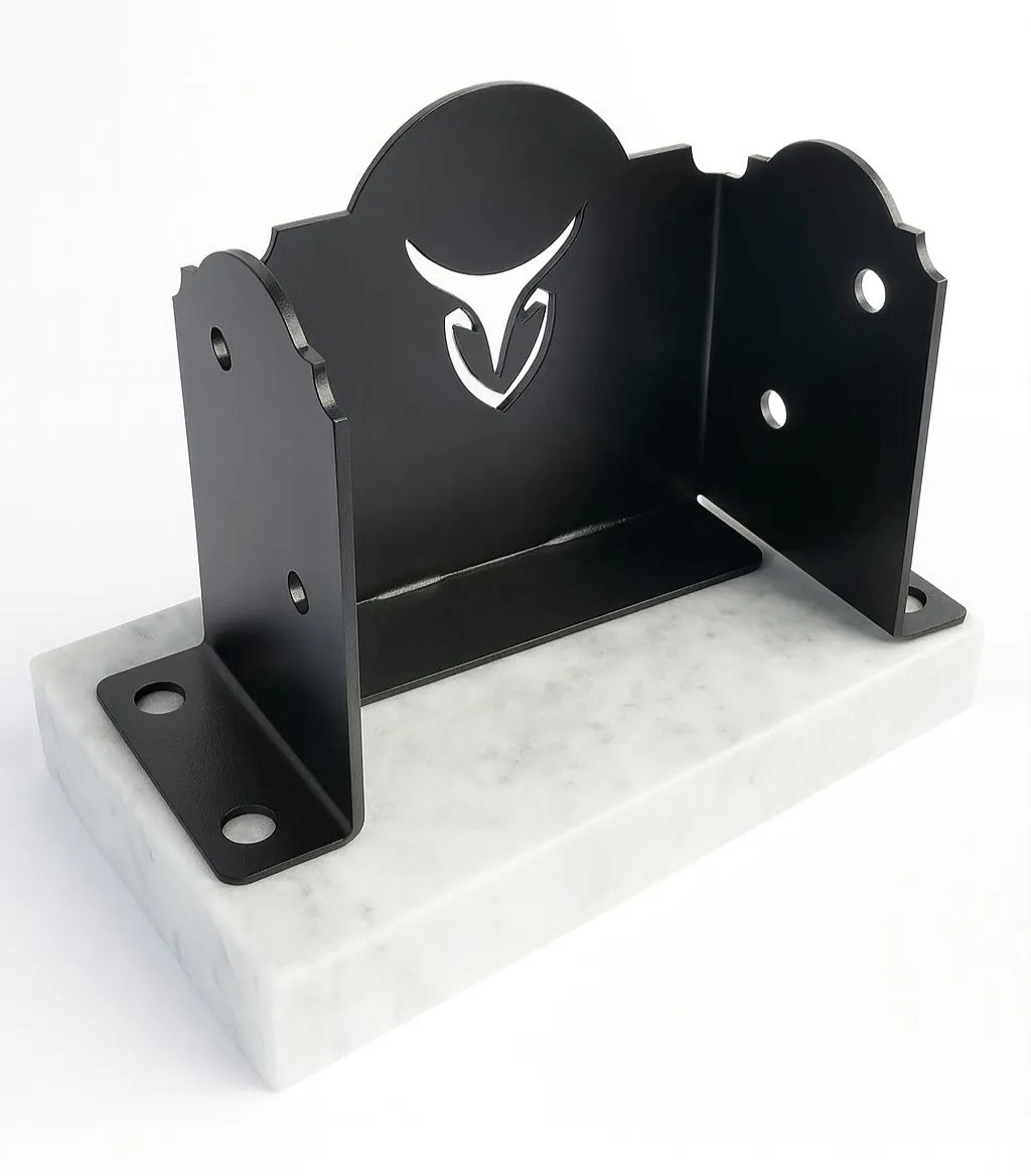 46LC-2 A black metal bookend with a stylized bull logo cutout, mounted on a rectangular white marble base. The bookend has decorative edges and bolt holes for securing it. The background is plain white.