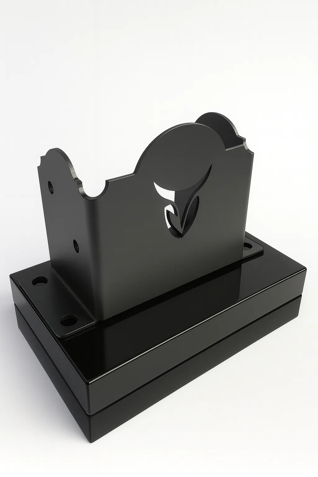 46LC-3 A sleek, black metal desk organizer with a decorative cutout resembling a leaf or stylized flame on its front panel, sitting on a matching rectangular base.