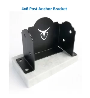 A black metal 4x6 post anchor bracket with decorative edges and a bull head cutout, mounted on a rectangular white base, shown against a white background.