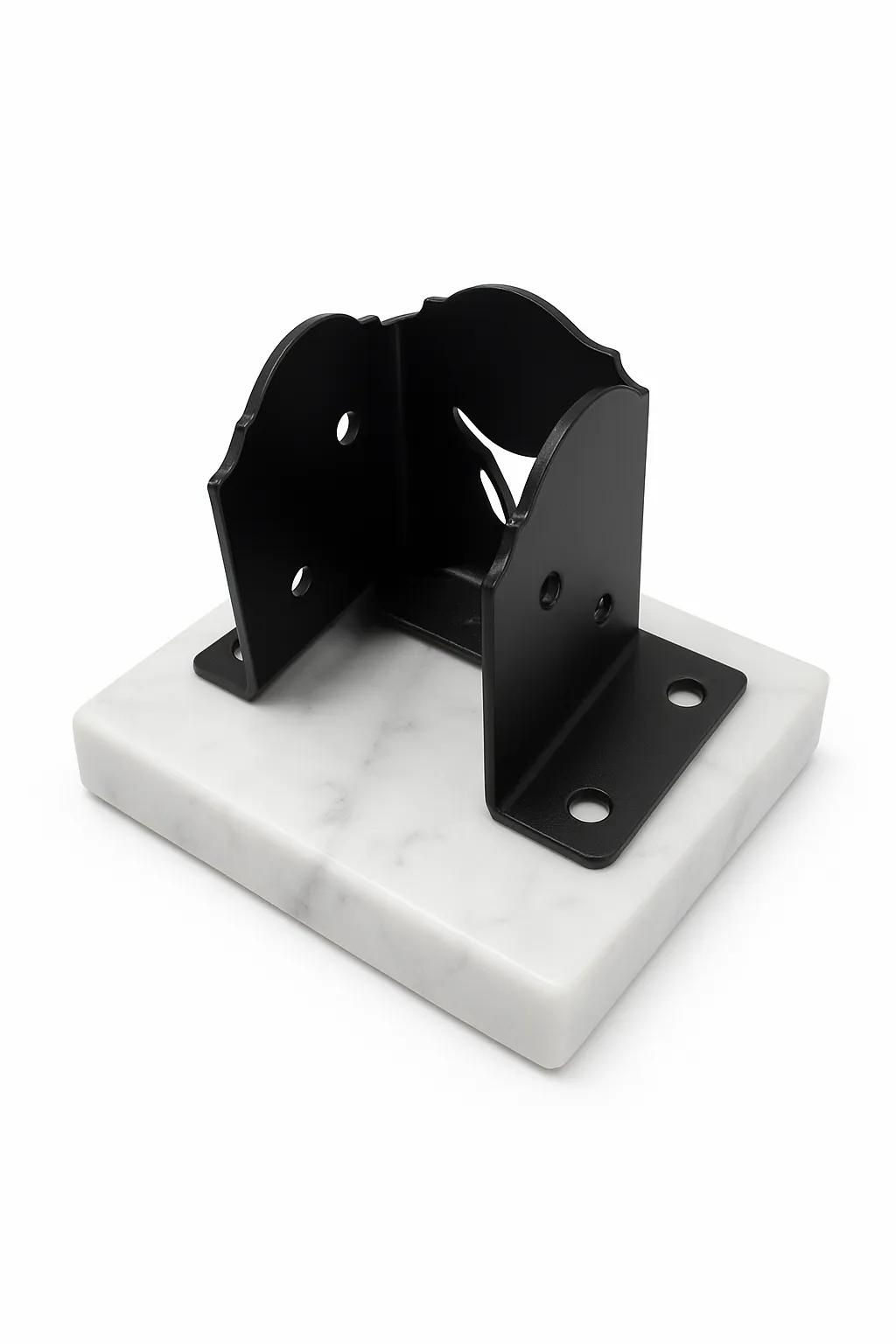 4LC-1 A black metal bracket with curved sides is mounted on a rectangular white marble base, shown against a white background.