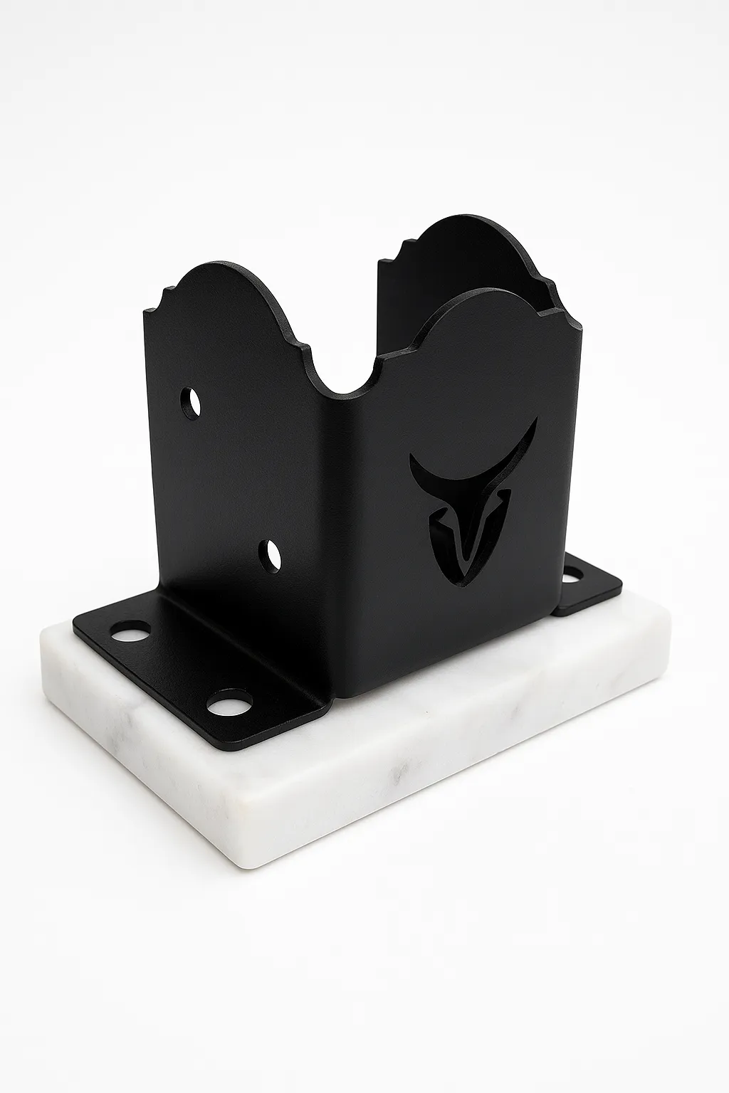 4LC-4 A black metal holder with a decorative cutout, mounted on a rectangular white marble base, photographed on a plain white background.