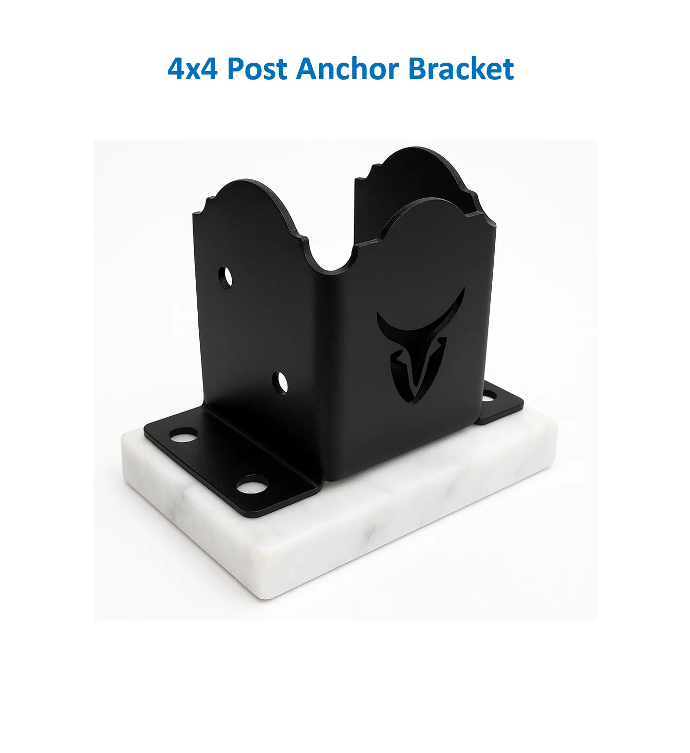 4LC-SHOP Black metal 4x4 post anchor bracket with a cut-out logo, mounted on a rectangular white marble base. The image has the label 4x4 Post Anchor Bracket in blue text above the bracket.
