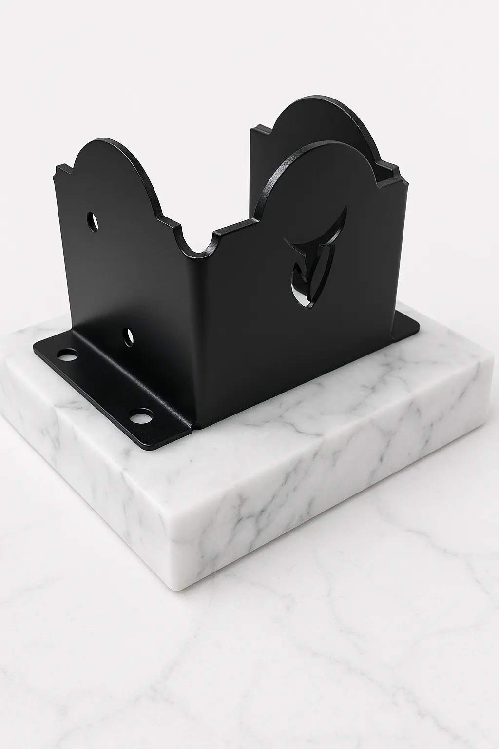 6LC-1 A black metal holder with a decorative edge sits on a white marble rectangular base with gray veining, photographed against a plain white background.