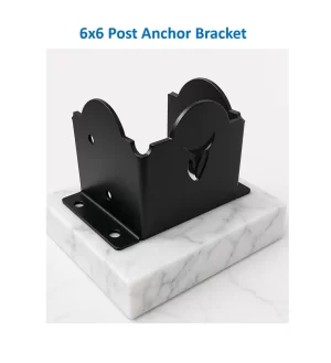 Black metal 6x6 post anchor bracket displayed on a white marble base, with the label 6x6 Post Anchor Bracket above it in blue text on a white background.