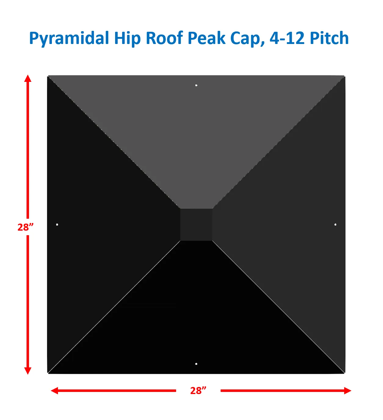 HR-RPC SHOP A top view of the Pentagon Roof Peak Cap (Copy): a black, pyramidal hip roof peak cap with a 4-12 pitch, square-shaped at 28" per side—complementing an Octagon Roof Peak Cap—with red arrows showing dimensions.