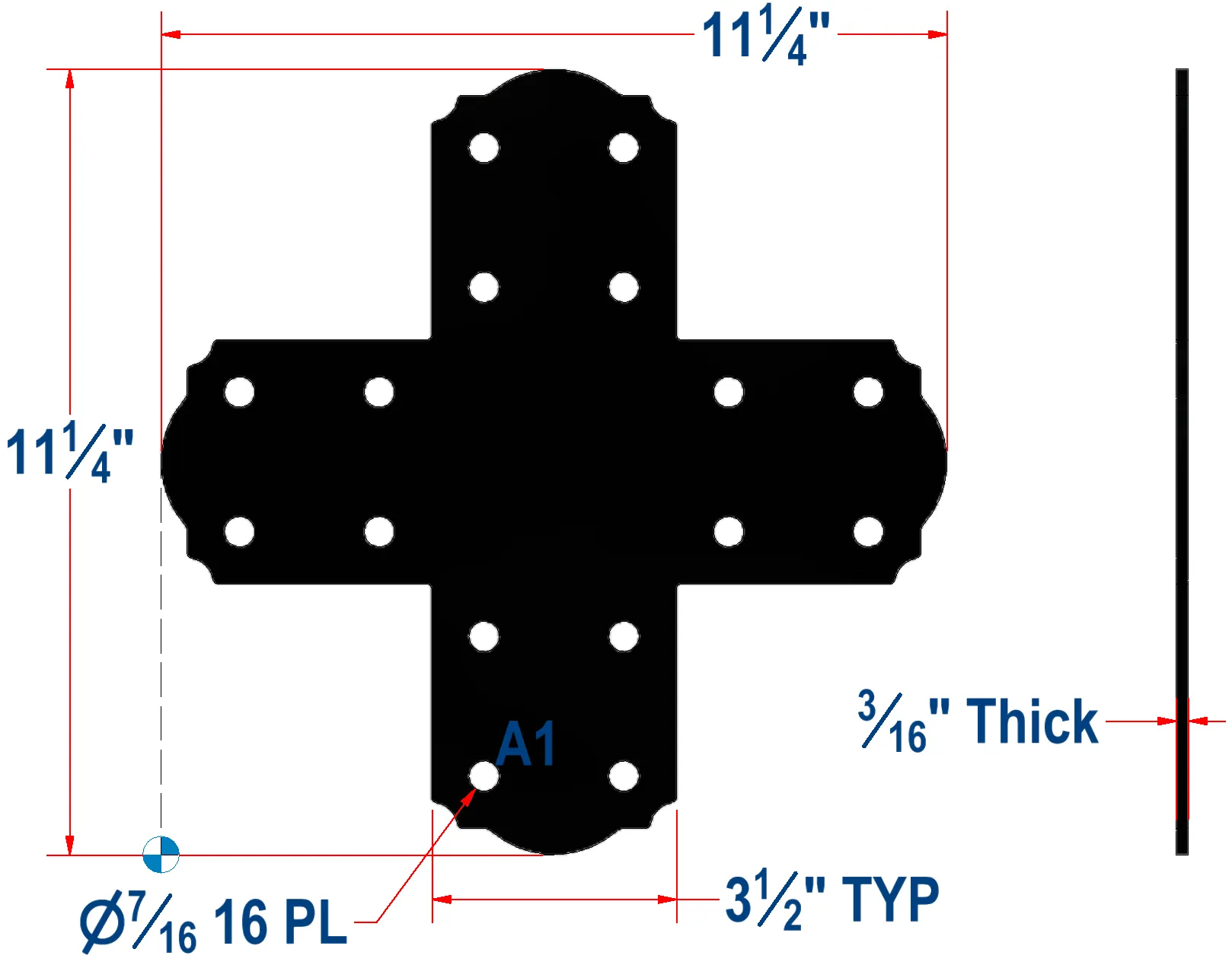 Black metal cross plate with rounded ends and multiple holes, showing detailed red and blue dimension annotations: 11¼ length and width, 3½ typical hole spacing, 3/16 thickness, and Ø7/16 plate holes.