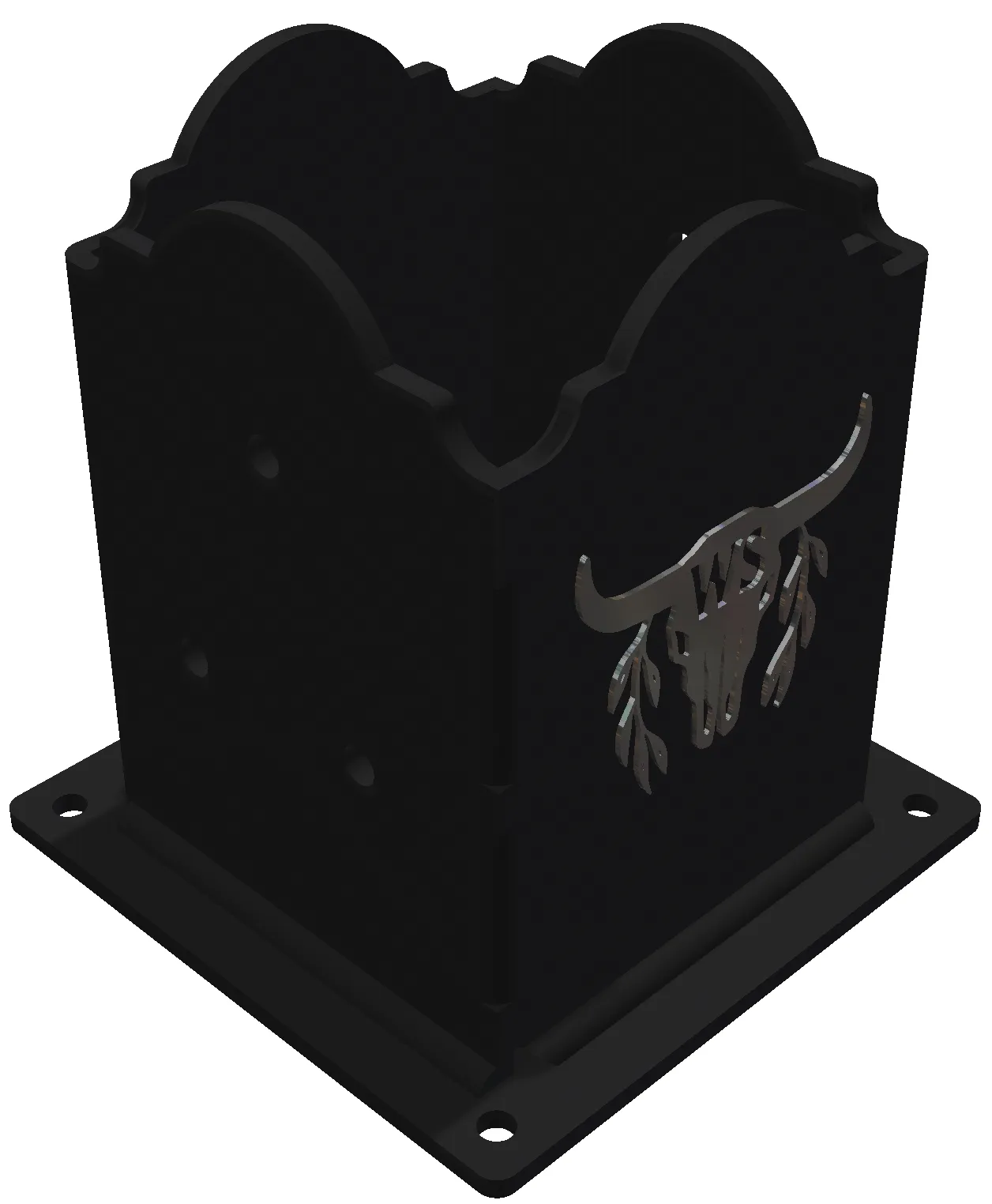 6FA-25-2 Inspired by the Custom 6x6 Post Anchor Bracket, this black metal pen holder features scalloped edges, a silver longhorn skull design, WS initials on the front, and includes four mounting holes at the base.