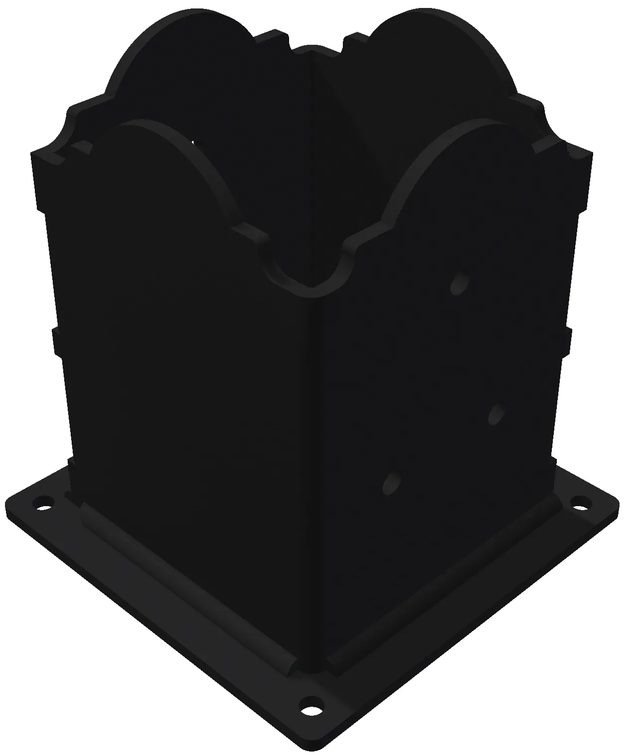 6FA-25-3 Custom, 6x6 Post Anchor Bracket—black, square base with decorative scalloped edges and four corner mounting holes.