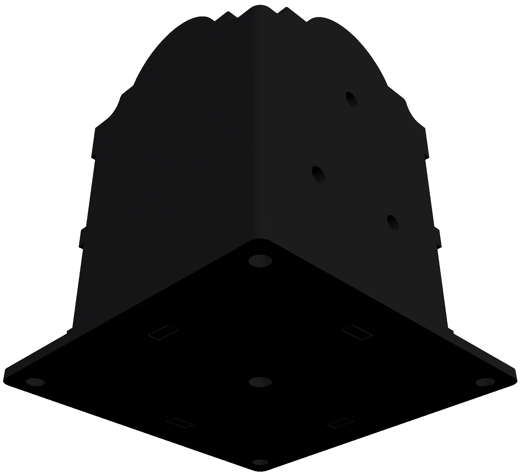 6FA-25-4 A black, rectangular Custom 6x6 Post Anchor Bracket with a flat base, rounded top, and multiple holes on its sides and base, shown from a low angle against a white background.