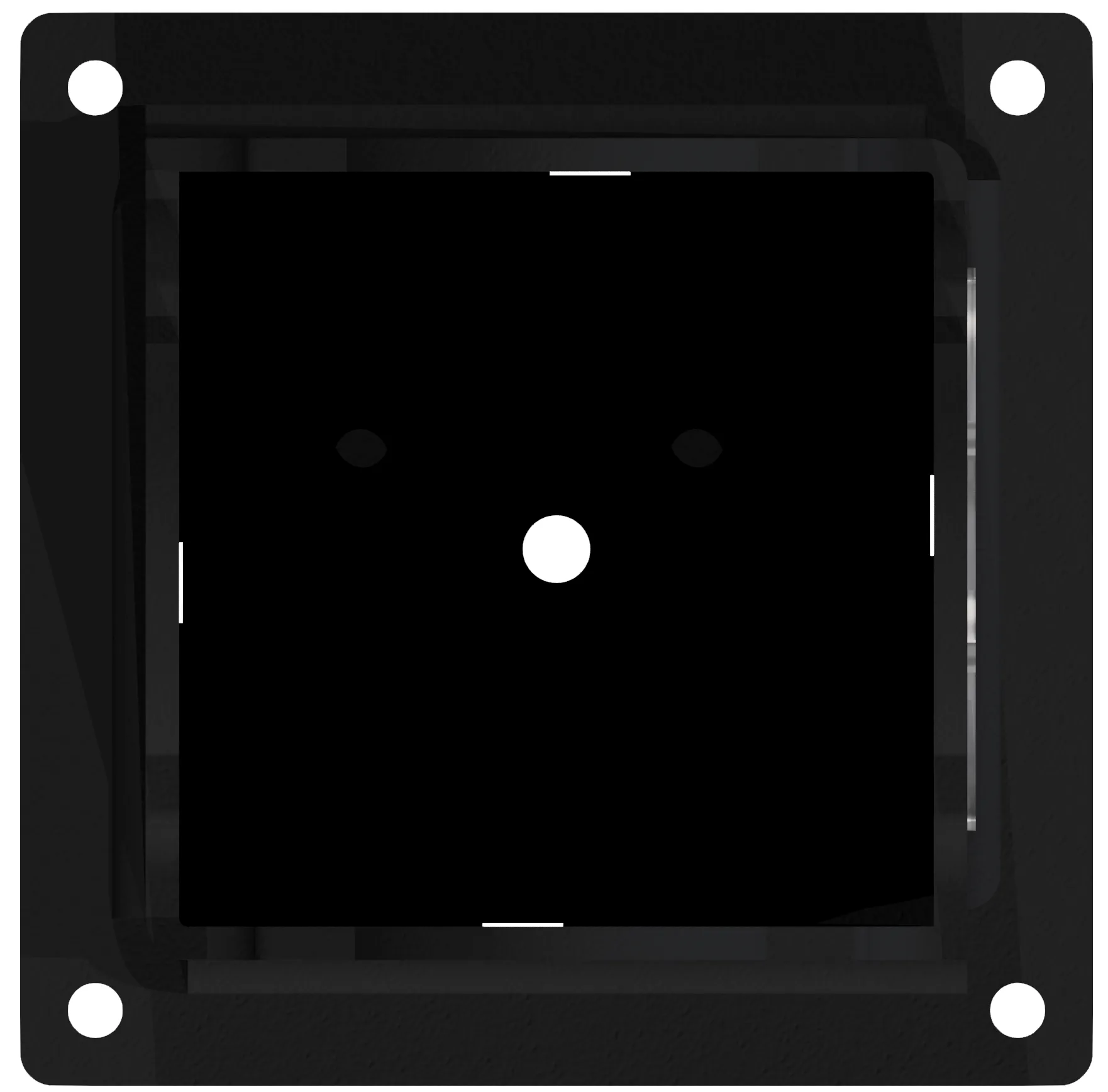 6FA-25-5 The Custom 6x6 Post Anchor Bracket is a black, square plastic wall plate with a central circular hole and four rounded screw holes, designed for mounting on a wall or as part of a 6x6 Post Anchor system.