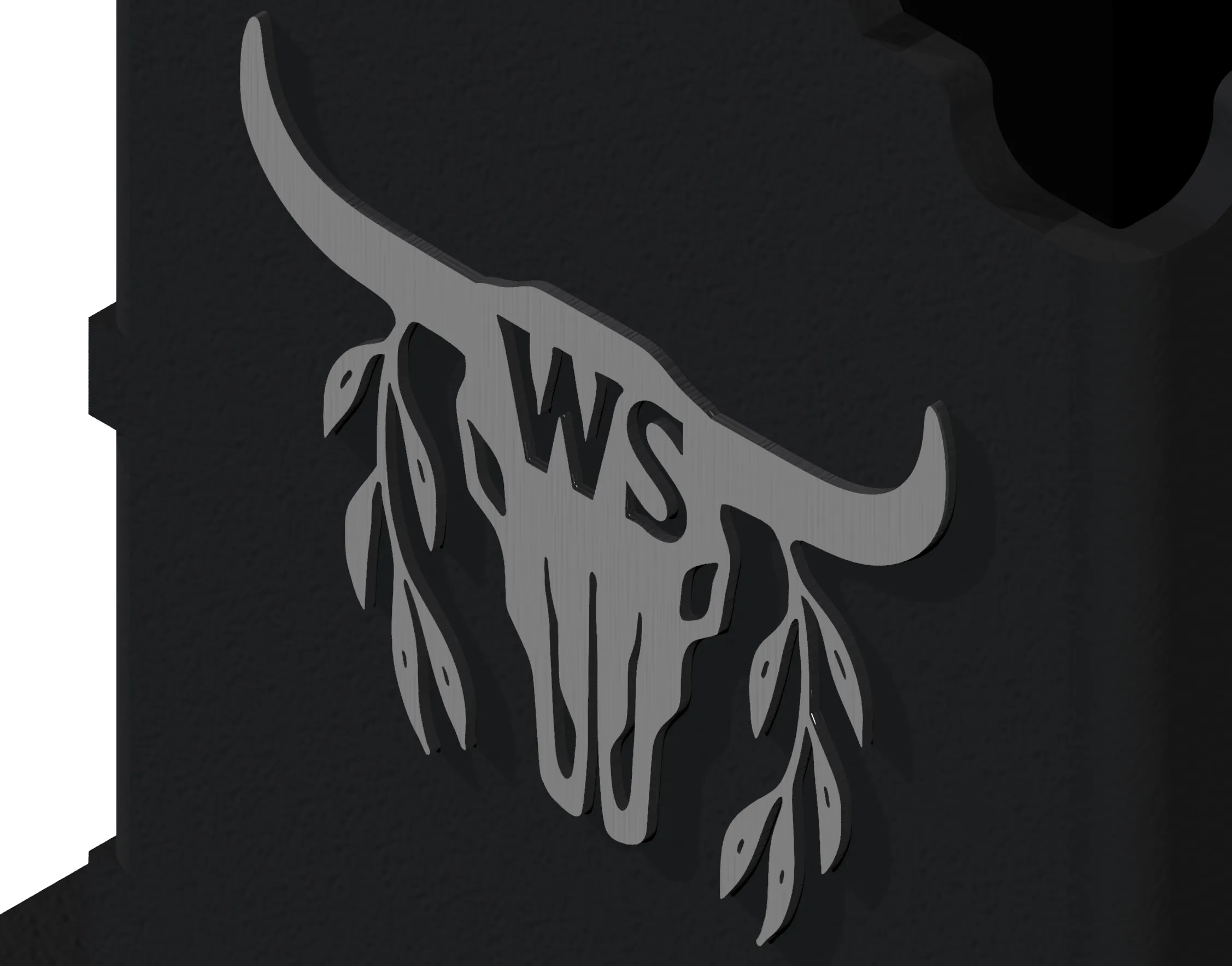 6FA-25-6 A metallic bull skull with horns, flanked by leaves and the letters WS on its forehead, is mounted on a textured dark background inspired by rugged Custom, 6x6 Post Anchor Bracket hardware.