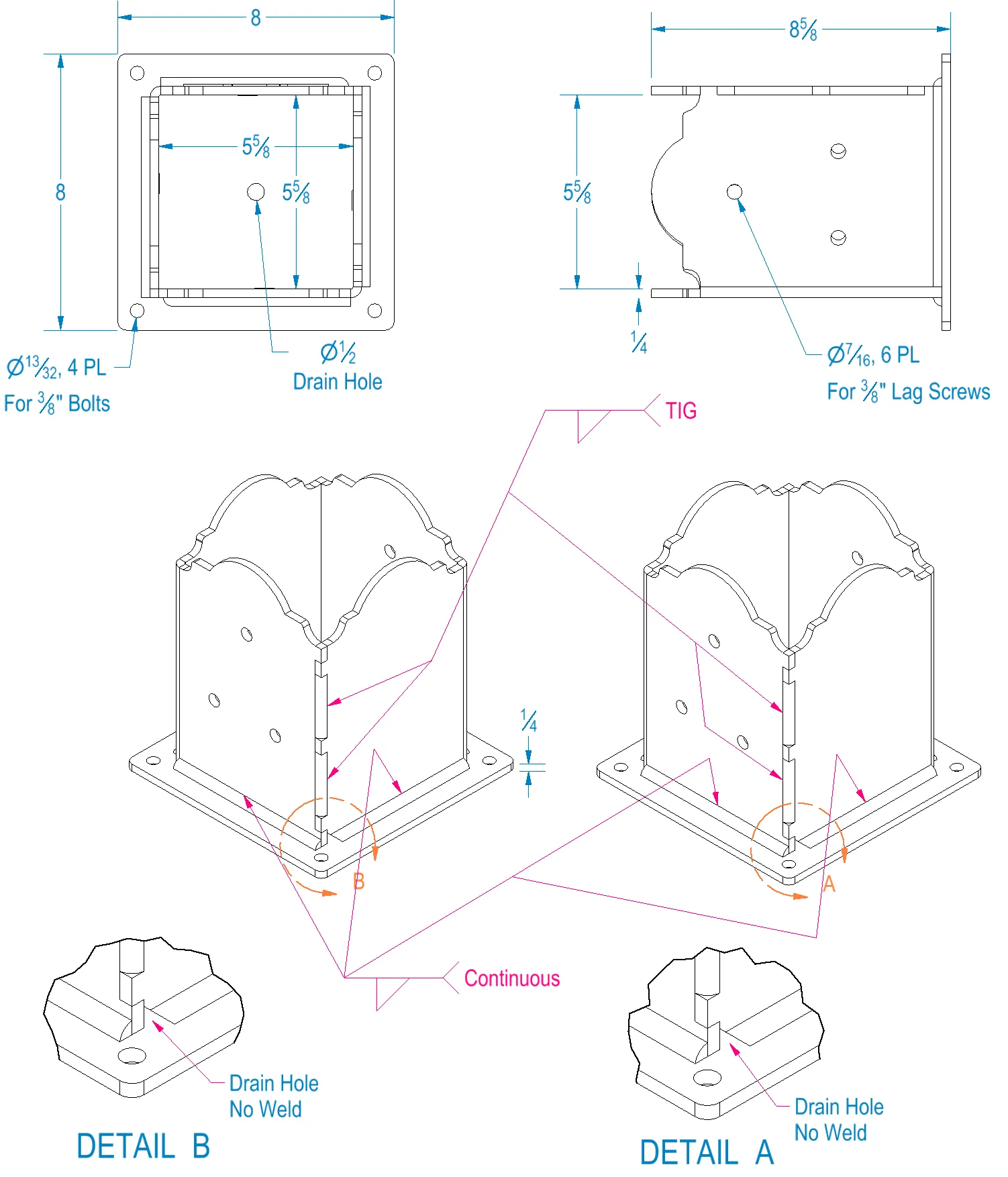 6FA-25-7 Technical drawing of the Custom, 6x6 Post Anchor Bracket base plate with drain holes, top/side/3D views, dimensional details, welding and bolt hole notes, plus callouts for “DETAIL A” and “DETAIL B” at the base corners.