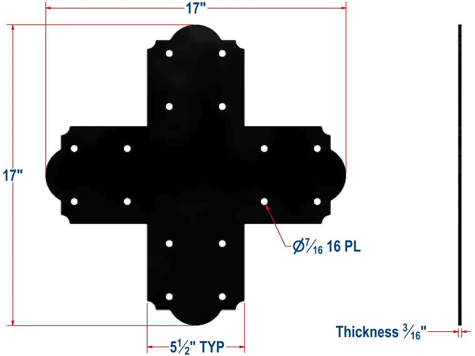 Black metal plate with a cross shape, 17 inches wide and tall, 5.5-inch typical arm width, 3/16-inch thickness, twelve 7/16-inch diameter holes, and four rounded ends. Dimensions and labels in blue and red.