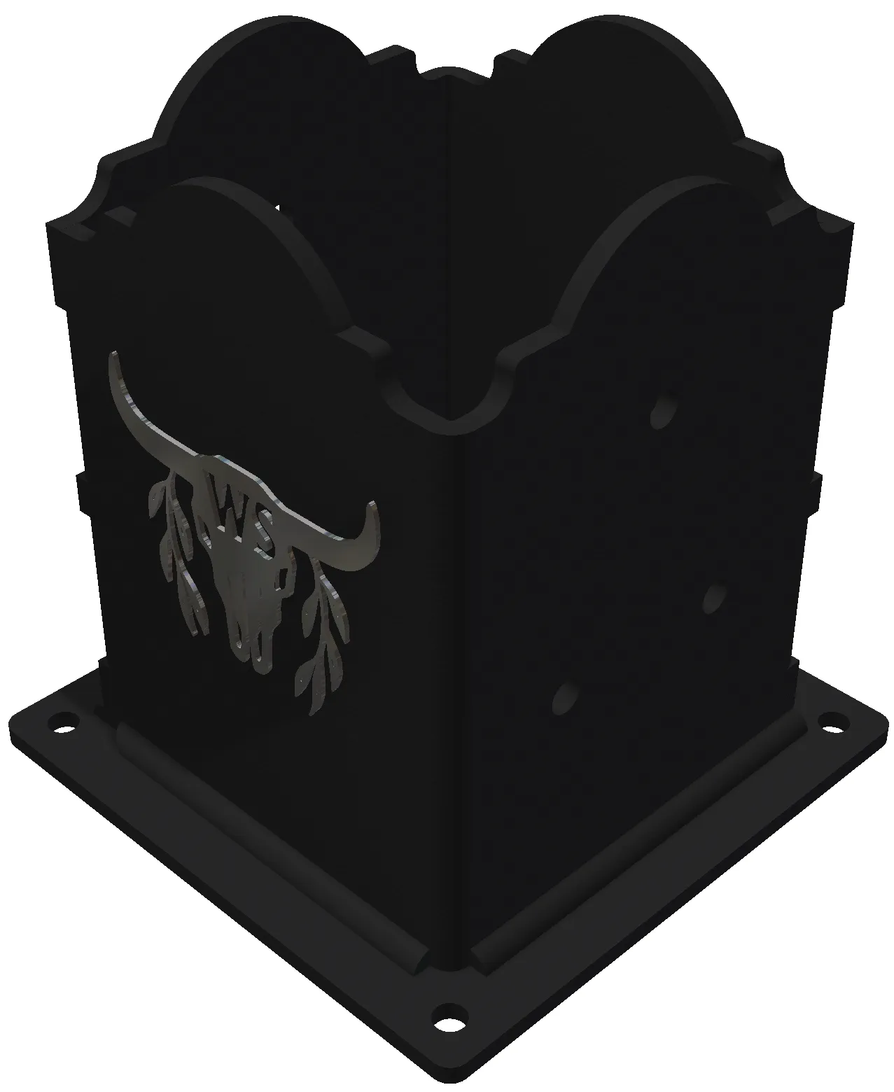 6fFA-25-1 A black, square pen holder inspired by the Custom 6x6 Post Anchor Bracket; it features scalloped edges, a metal emblem with a bull skull, leaves and "WS," plus four base holes—one at each corner.