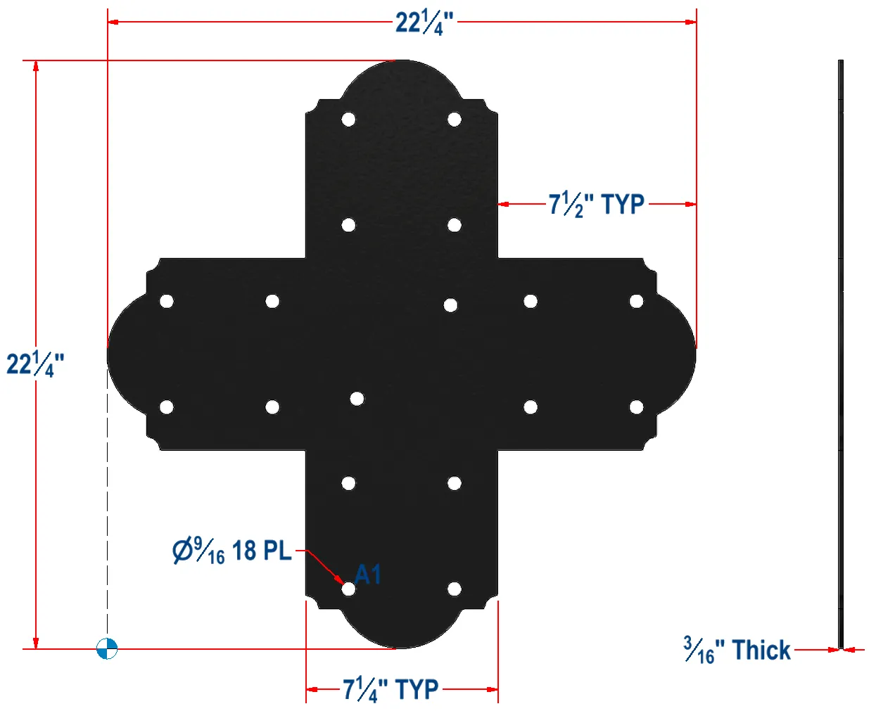 Black cross-shaped metal plate with 18 evenly spaced holes, each 9/16 diameter. Plate is 22 1/4 wide/tall, 3/16 thick, with 7 1/4 typical arm widths. Red and blue dimension lines label features.