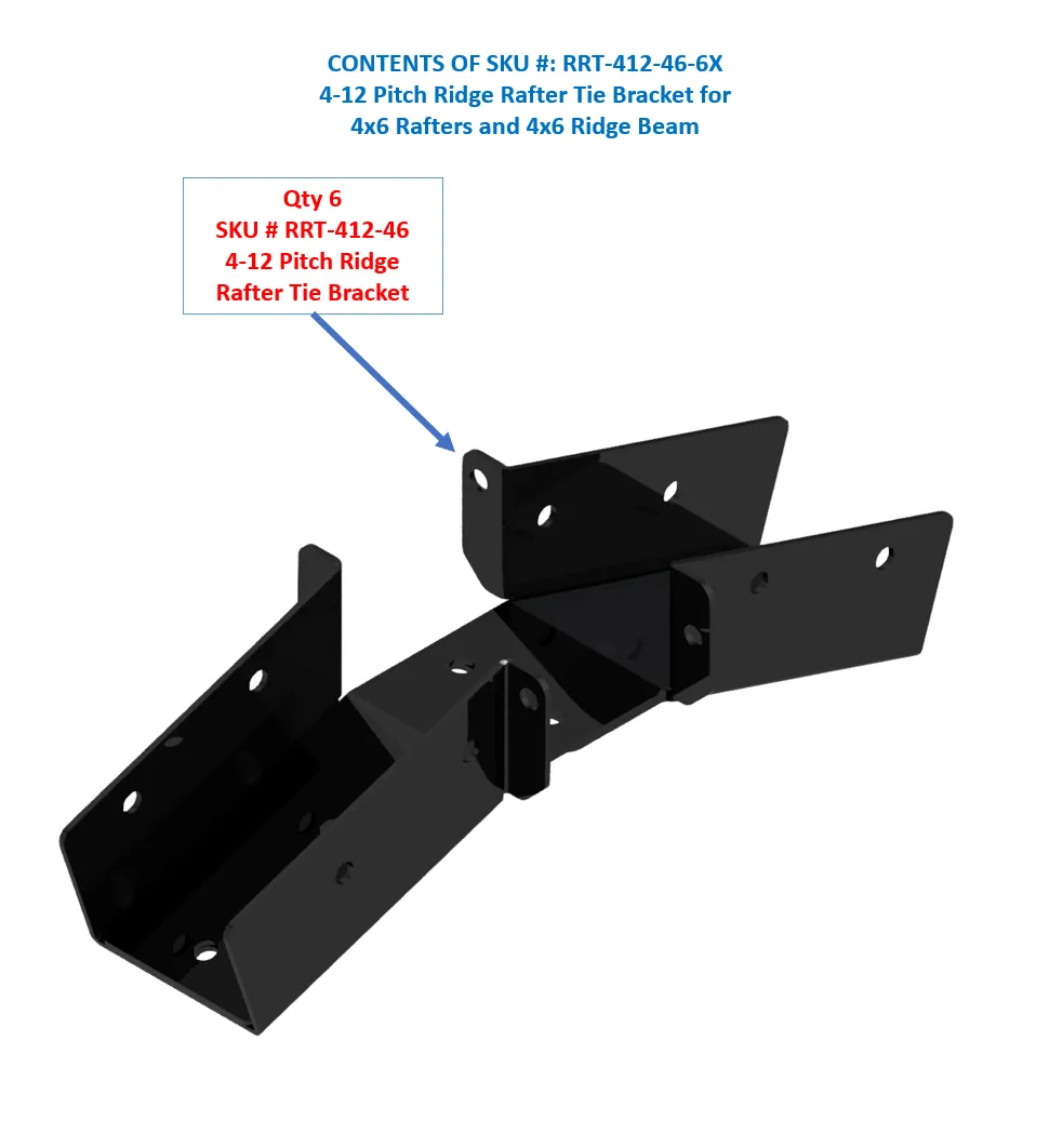 A black 4-12 4X DIY Heavy Duty Ridge Rafter Bracket for 4x6 rafters and a 4x6 ridge beam, shown with a label indicating a pack of 6 (SKU #: RRT-412-46-6X).