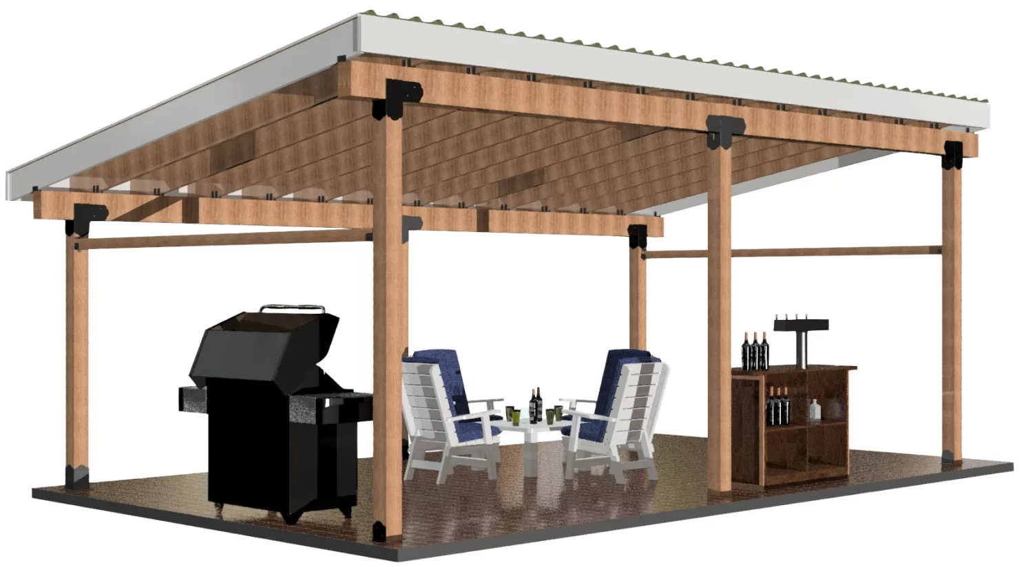 6S-LT-1224-1 A wooden pergola with a slanted roof shelters a grill, two blue cushioned chairs around a small table, and a bar counter with bottles on a tiled patio.