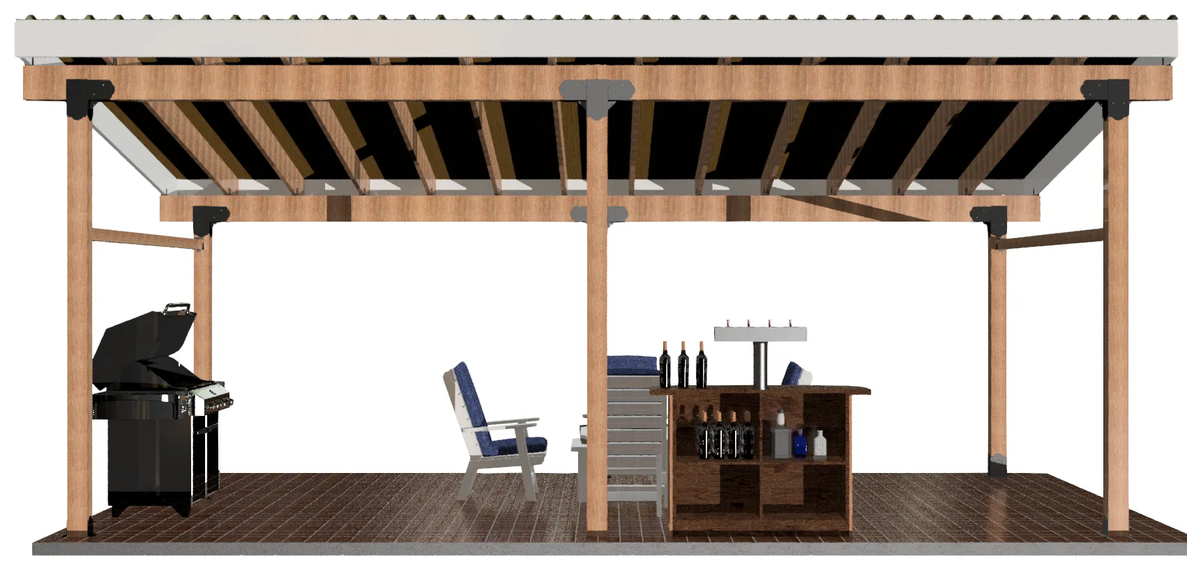 6S-LT-1224-2 A wooden outdoor pavilion with an open roof structure, featuring a grill on the left, a lounge chair in the center, and a bar counter with shelves and bottles on the right, all set on a tiled floor.
