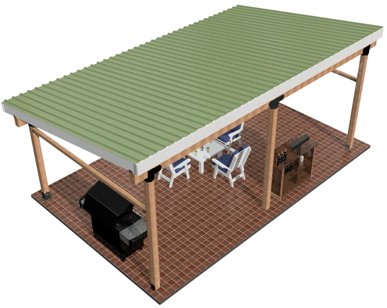 6S-LT-1224-3 A covered outdoor patio with a green corrugated roof, wooden posts, tiled floor, a grill, a dining table with chairs, and a bar area with stools.
