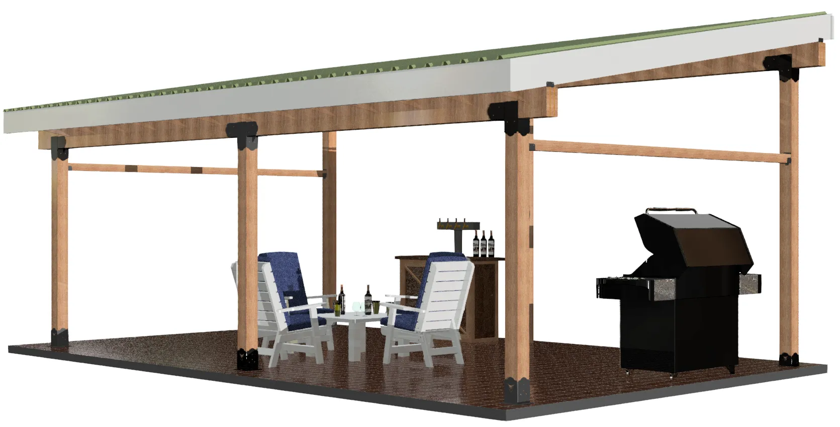 6S-LT-1224-4 A covered outdoor patio with a metal roof, wooden posts, two white chairs with blue cushions, a small table, a bar with bottles, and a black barbecue grill on a wooden deck.