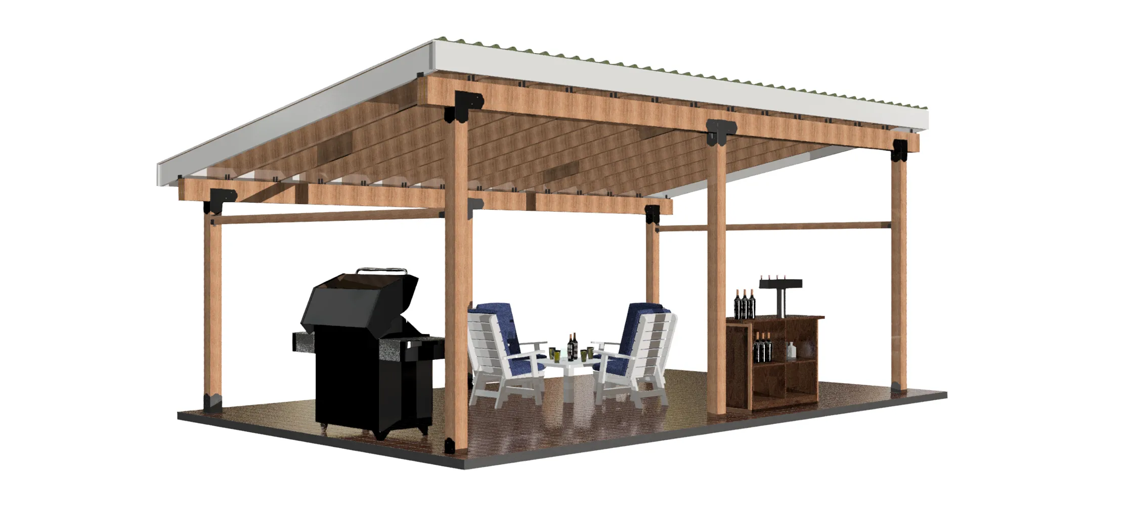 A DIY 6x6 Lean To kit, 12' x 24', shelters two lounge chairs, a drink table, a barbecue grill, and a bar cart with bottles on a tiled platform.