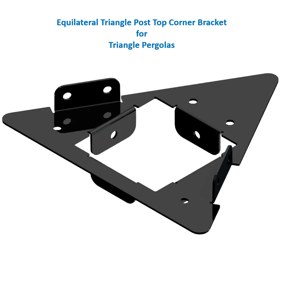 The Heavy Duty 6X6 60-Degree Triangle Elbow Bracket is a black metal post top bracket with multiple screw holes and raised edges to secure posts, functioning like a triangle pergola bracket. Blue text above indicates its purpose.