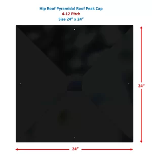 Square black hip roof pyramidal roof peak cap, measuring 24 by 24 inches, with four triangular facets and small mounting holes at each edge. Red arrows indicate the width and height as 24 inches each. Text describes size and pitch.