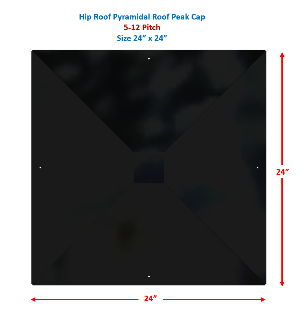 HR-RPC-512-1 A square, black hip roof pyramidal roof peak cap with a 5-12 pitch, measuring 24 inches by 24 inches. Red arrows and text indicate the dimensions on the sides. Blue text above provides product specifications.