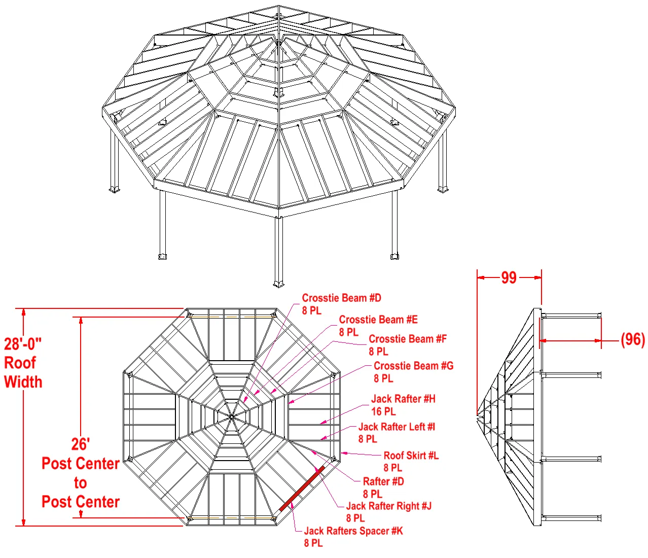 Technical drawing of a large, octagonal pavilion structure with labeled beams and rafters, showing top, side, and sectional views, plus measurements for roof width (28’), post center (26’), and height (99 units).
